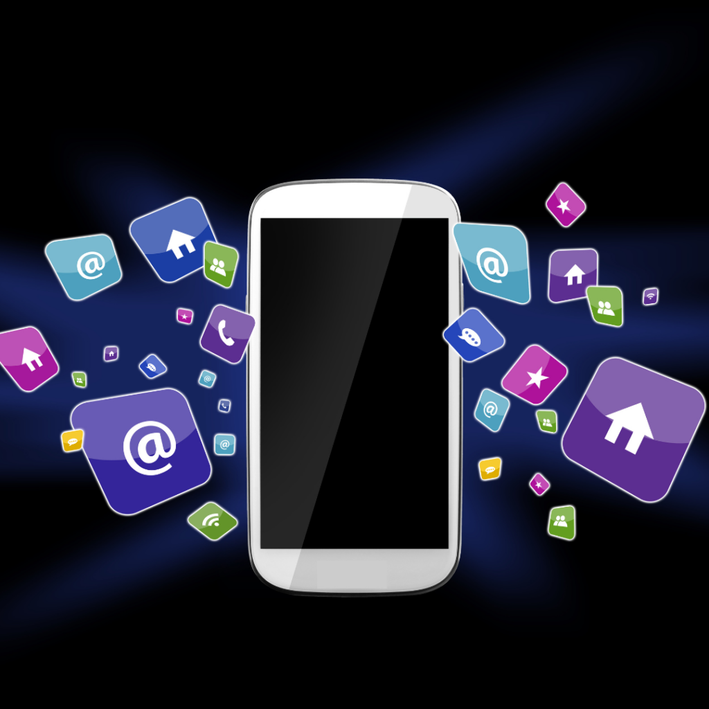 Illustration of a phone with application imagery around it
